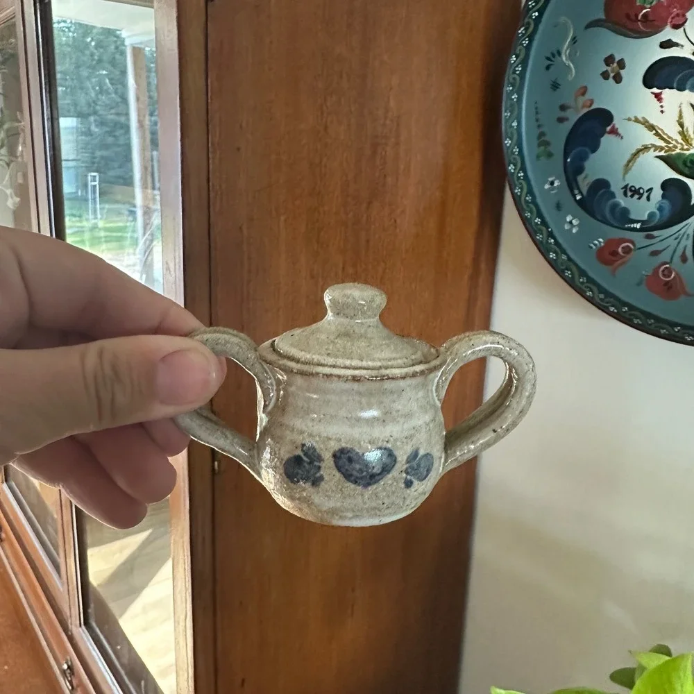VTG Rowe Pottery Miniature Tea Set Salt Glazed Stoneware Blue Heart Cottagecore